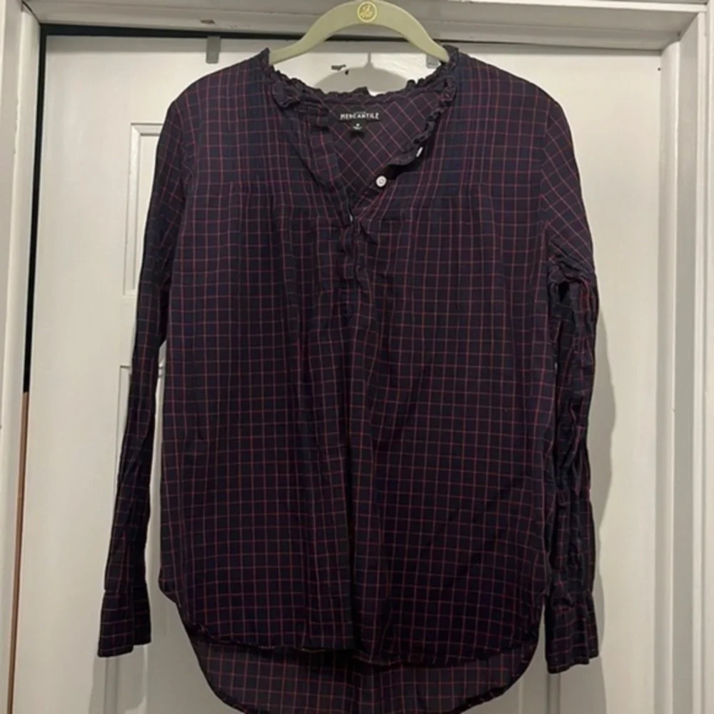J crew mercantile womens window pain plaid ruffle blouse Size 0 blue and red
